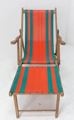 French Beech & Fabric Folding Deck Chair-RIU-1215343