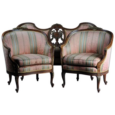 French Beechwood Canape Sofa & Armchairs, 1900s, Set of 3-FLW-1402248