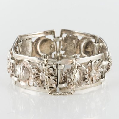 French Belle Époque Flowers Silver Bracelet, 1900s-OLU-896256