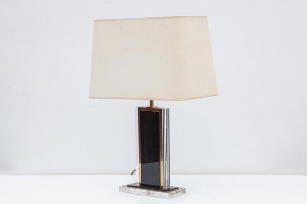 French Black and Clear Acrylic Glass & Brass Table Lamps, 1970s, Set of 2-KL-620389