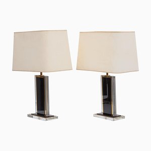 French Black and Clear Acrylic Glass & Brass Table Lamps, 1970s, Set of 2-KL-620389