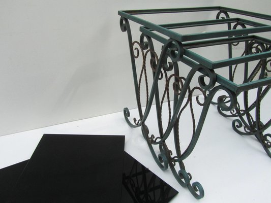 French Black Glass Nesting Tables in Wrought Iron, 1940s, Set of 3-EA-1453016