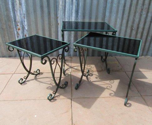 French Black Glass Nesting Tables in Wrought Iron, 1940s, Set of 3-EA-1453016