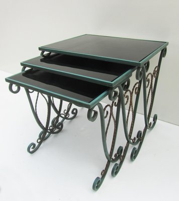 French Black Glass Nesting Tables in Wrought Iron, 1940s, Set of 3-EA-1453016