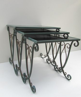 French Black Glass Nesting Tables in Wrought Iron, 1940s, Set of 3-EA-1453016