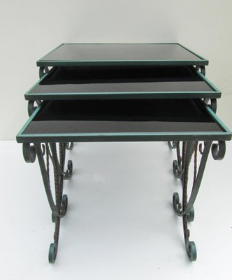 French Black Glass Nesting Tables in Wrought Iron, 1940s, Set of 3-EA-1453016