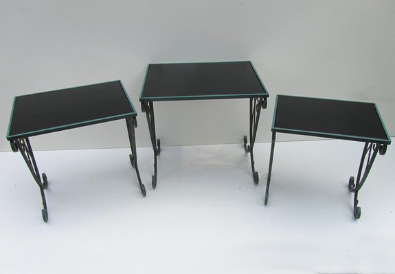 French Black Glass Nesting Tables in Wrought Iron, 1940s, Set of 3-EA-1453016