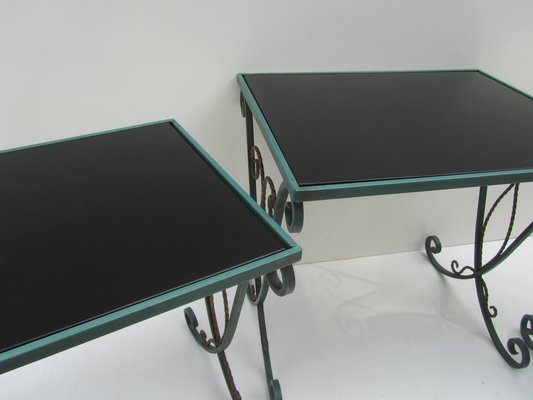 French Black Glass Nesting Tables in Wrought Iron, 1940s, Set of 3-EA-1453016