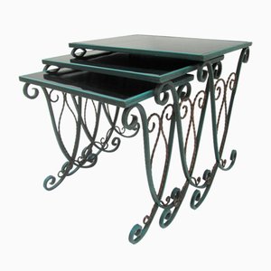 French Black Glass Nesting Tables in Wrought Iron, 1940s, Set of 3-EA-1453016