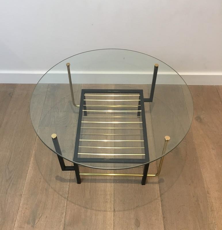 French Black Lacquered & Brass Round Coffee Table with Glass Top Attributed to Mathieu Matégot, 1950s