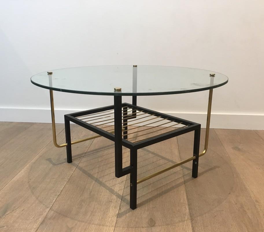 French Black Lacquered & Brass Round Coffee Table with Glass Top Attributed to Mathieu Matégot, 1950s