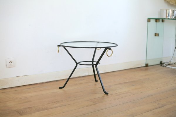 French Black Lacquered Metal, Glass, and Brass Coffee Table by Jacques Adnet, 1950s-MAO-707103