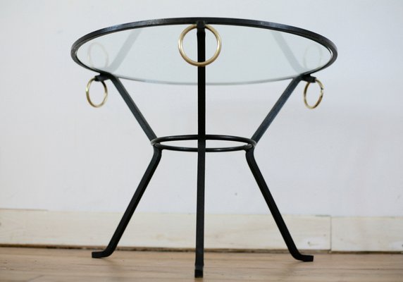 French Black Lacquered Metal, Glass, and Brass Coffee Table by Jacques Adnet, 1950s-MAO-707103