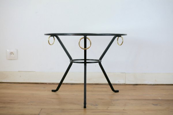 French Black Lacquered Metal, Glass, and Brass Coffee Table by Jacques Adnet, 1950s-MAO-707103