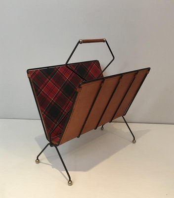 French Black Lacquered Metal, Leather & Square Fabric Magazine Rack, 1950s-BA-766245