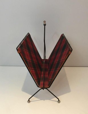 French Black Lacquered Metal, Leather & Square Fabric Magazine Rack, 1950s-BA-766245