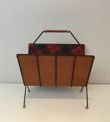 French Black Lacquered Metal, Leather & Square Fabric Magazine Rack, 1950s-BA-766245