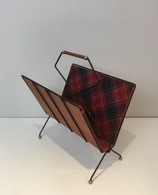 French Black Lacquered Metal, Leather & Square Fabric Magazine Rack, 1950s-BA-766245