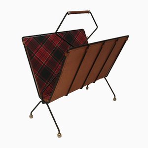 French Black Lacquered Metal, Leather & Square Fabric Magazine Rack, 1950s-BA-766245