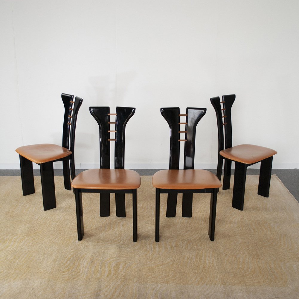 French Black Lacquered Wood Chairs with Cognac Leather Seat by Pierre Cardin, 1970s, Set of 4