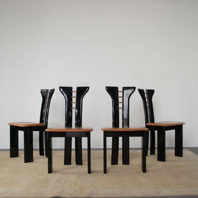 French Black Lacquered Wood Chairs with Cognac Leather Seat by Pierre Cardin, 1970s, Set of 4