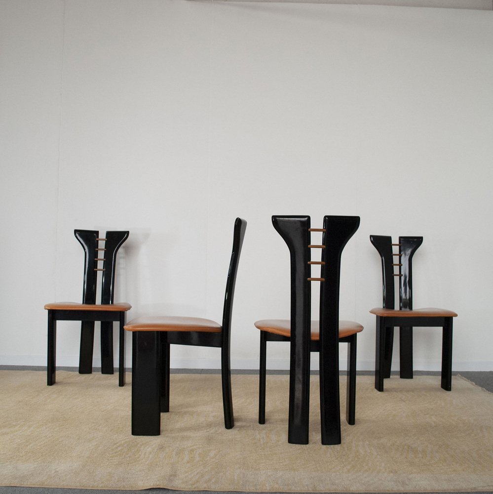 French Black Lacquered Wood Chairs with Cognac Leather Seat by Pierre Cardin, 1970s, Set of 4