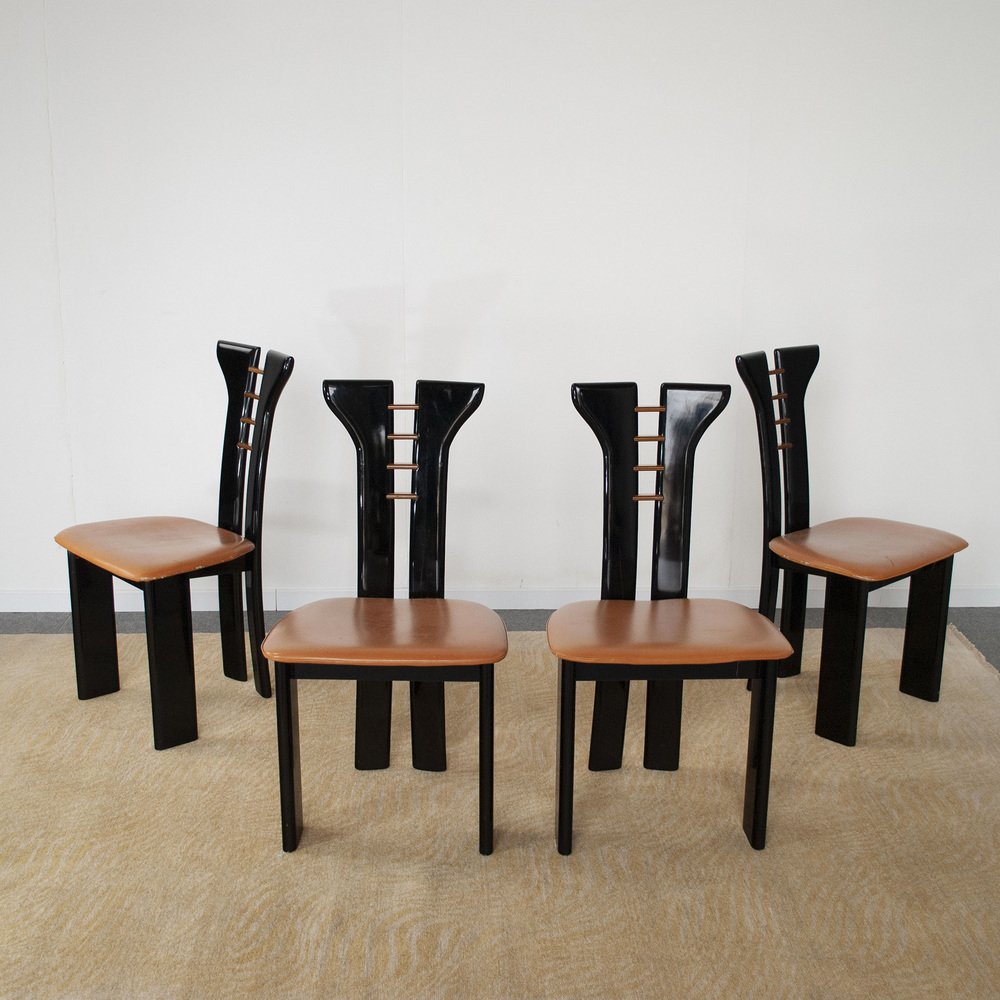 French Black Lacquered Wood Chairs with Cognac Leather Seat by Pierre Cardin, 1970s, Set of 4