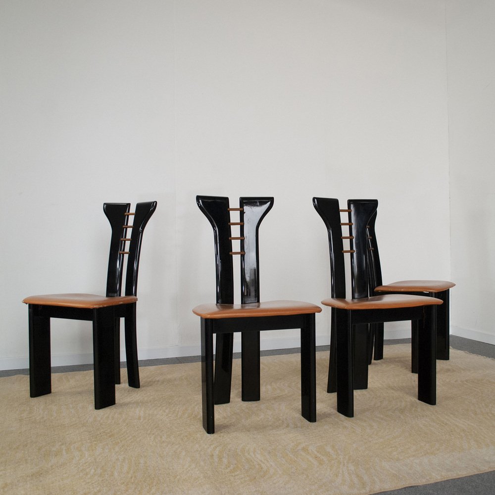 French Black Lacquered Wood Chairs with Cognac Leather Seat by Pierre Cardin, 1970s, Set of 4