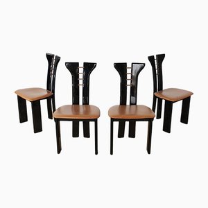 French Black Lacquered Wood Chairs with Cognac Leather Seat by Pierre Cardin, 1970s, Set of 4-JQO-1293223