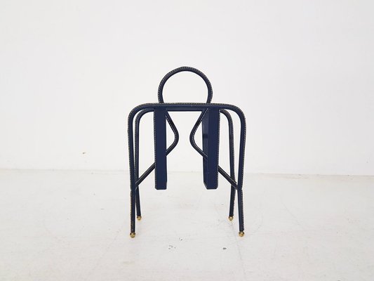 French Blue Leather Stitched Magazine Rack by Jacques Adnet, 1950s-ZO-560459