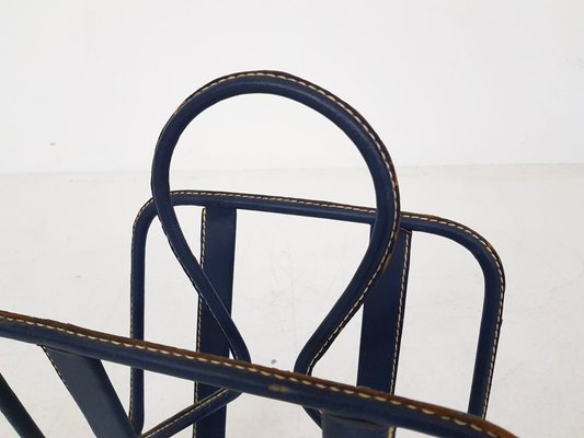 French Blue Leather Stitched Magazine Rack by Jacques Adnet, 1950s-ZO-560459