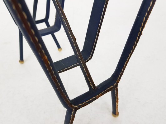 French Blue Leather Stitched Magazine Rack by Jacques Adnet, 1950s-ZO-560459