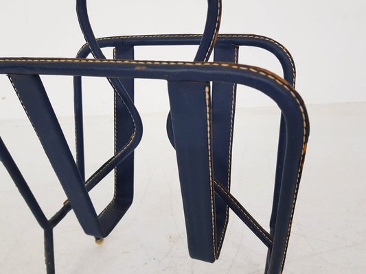 French Blue Leather Stitched Magazine Rack by Jacques Adnet, 1950s-ZO-560459