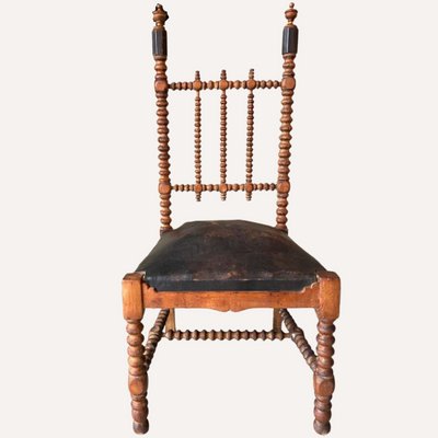 French Bobbin Wood Turned Barley Twist and Leather Chair, 1850s-BHG-1284362