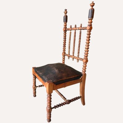 French Bobbin Wood Turned Barley Twist and Leather Chair, 1850s-BHG-1284362