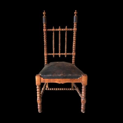 French Bobbin Wood Turned Barley Twist and Leather Chair, 1850s-BHG-1284362