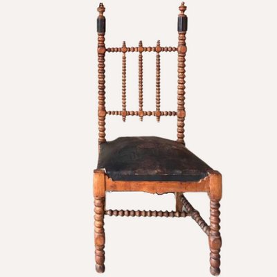 French Bobbin Wood Turned Barley Twist and Leather Chair, 1850s-BHG-1284362