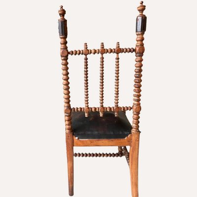 French Bobbin Wood Turned Barley Twist and Leather Chair, 1850s-BHG-1284362