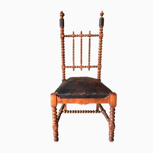 French Bobbin Wood Turned Barley Twist and Leather Chair, 1850s-BHG-1284362