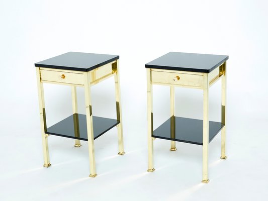 French Brass and Black Lacquer 2-Tier Nightstands 1960s, Set of 2-YJA-1107700