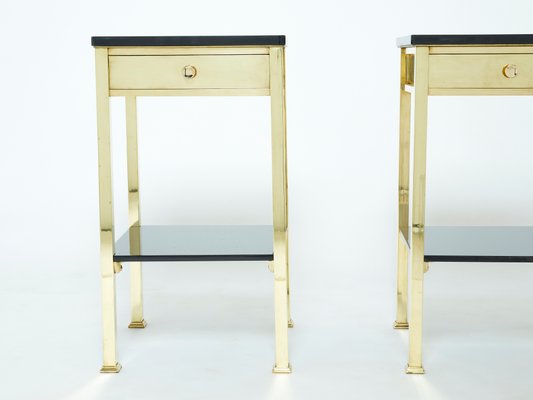 French Brass and Black Lacquer 2-Tier Nightstands 1960s, Set of 2-YJA-1107700