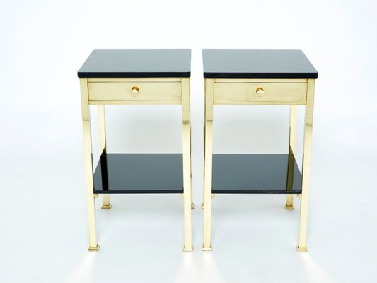 French Brass and Black Lacquer 2-Tier Nightstands 1960s, Set of 2-YJA-1107700