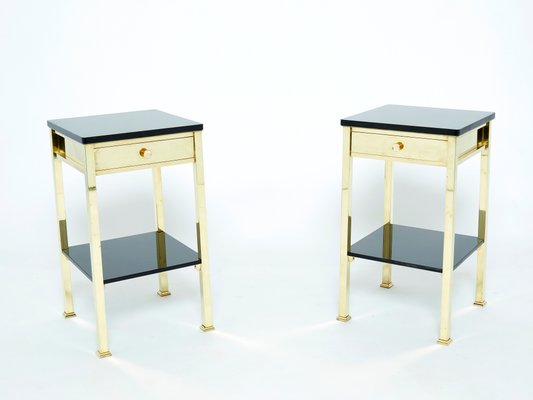 French Brass and Black Lacquer 2-Tier Nightstands 1960s, Set of 2-YJA-1107700