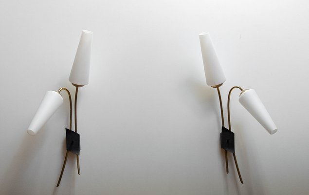 French Brass and Opal Wall Lights by Maison Lunel, 1950s, Set of 2-JE-1718397