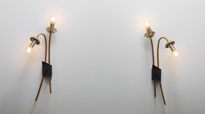 French Brass and Opal Wall Lights by Maison Lunel, 1950s, Set of 2-JE-1718397