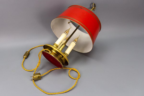 French Brass and Red Tole Shade Three-Light Bouillotte Desk Lamp, 1950s-KEG-1671413