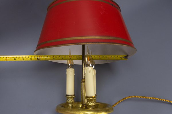 French Brass and Red Tole Shade Three-Light Bouillotte Desk Lamp, 1950s-KEG-1671413