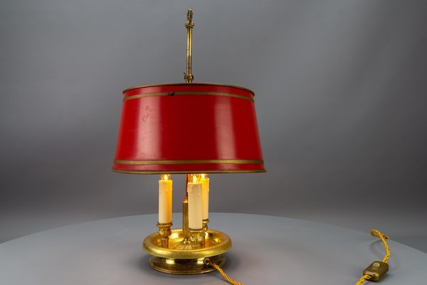 French Brass and Red Tole Shade Three-Light Bouillotte Desk Lamp, 1950s-KEG-1671413