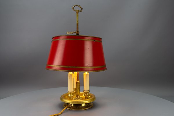 French Brass and Red Tole Shade Three-Light Bouillotte Desk Lamp, 1950s-KEG-1671413