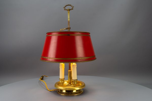 French Brass and Red Tole Shade Three-Light Bouillotte Desk Lamp, 1950s-KEG-1671413